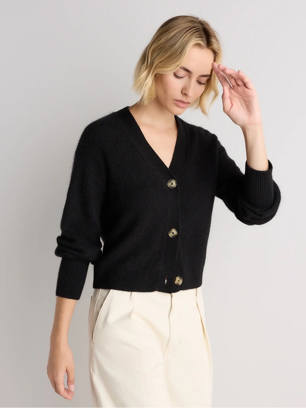 Quince Lightweight Baby Alpaca Cropped Cardigan Black Size M Wool Blend